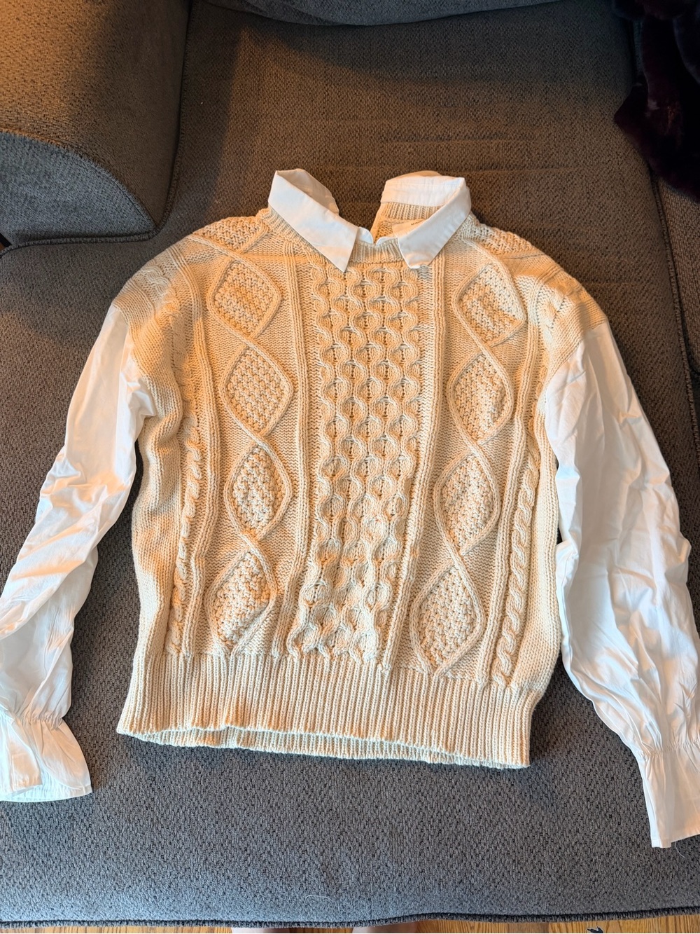 Cream Cable Knit Sweater with Shirt Detail - Women